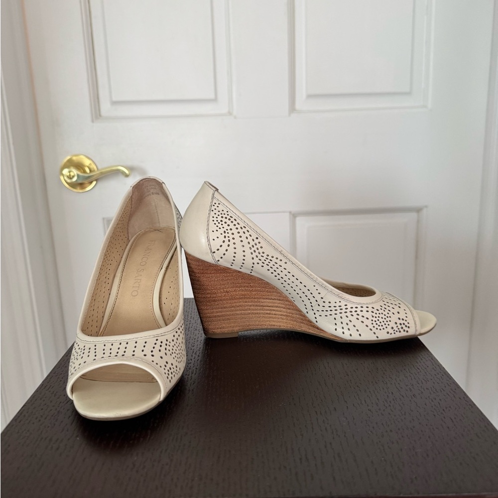 Cole Haan Cream Peep-Toe Laser-Cut Wedge Heels